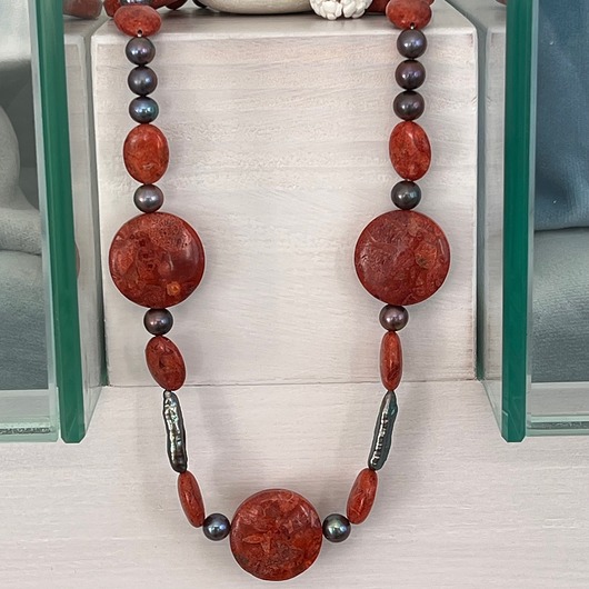 korale VINTAGE -Naszyjnik Koralowiec i Perły Hodowlane