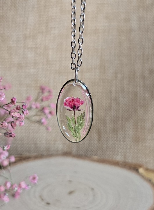 wisiory Srebrna zawieszka jajowata suszone kwiatowy bukiet różowa