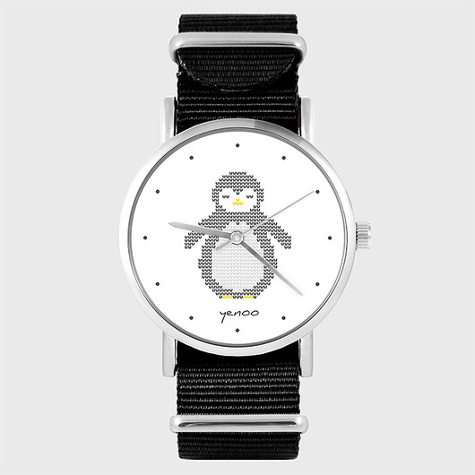 zegarki damskie Zegarek - Pingwin dziergany - czarny, nylonowy