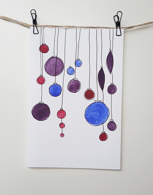 kartki scrapbooking Kartka Świąteczna Fioletowe Bombki, akwarela.