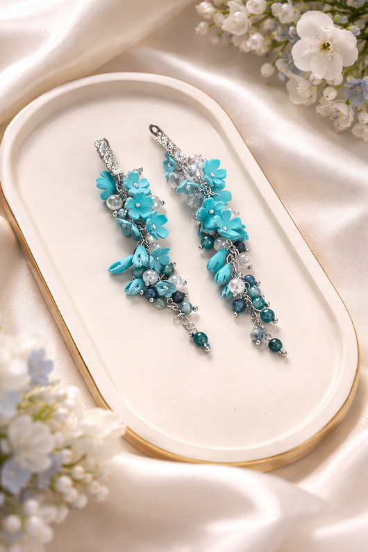 kolczyki z masy plastycznej Eleganckie Ręcznie Robione Kolczyki Frędzle z Różowymi Kwiatami