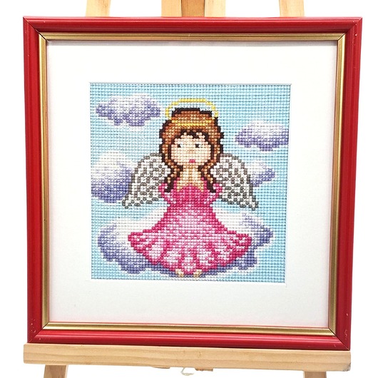 Ozdoby na ścianę Obraz Haft Krzyżykowy Aniołek 24x24 Rękodzieło Handmade Dekoracja