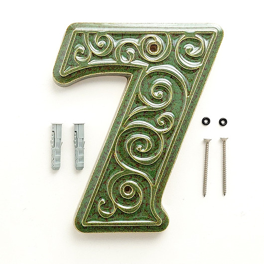 napisy dekoracyjne i tabliczki Numer domu, cyfra 7 zielono-brązowa, do przykręcenia