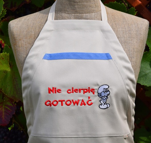 fartuchy kuchenne Fartuch Kuchenny bawełniany beżowy haftowany NIE CIERPIĘ GOTOWAĆ - PREZENT