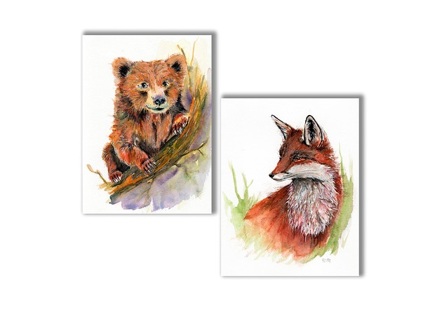 grafiki i ilustracje Obraz ręcznie malowany "Lis i niedźwiedź" zestaw 2 szt