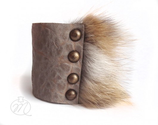 Bransoleta skóra i futro beż vintage Mikashka