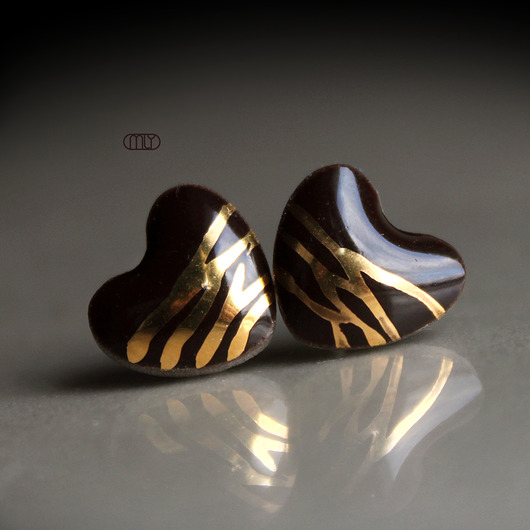 kolczyki ceramiczne Serca Czekoladowe/stal chirurgiczna/