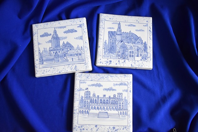 podkładki do kuchni Kafelki ręcznie malowane zamki Dolnego Śląska kobalt
