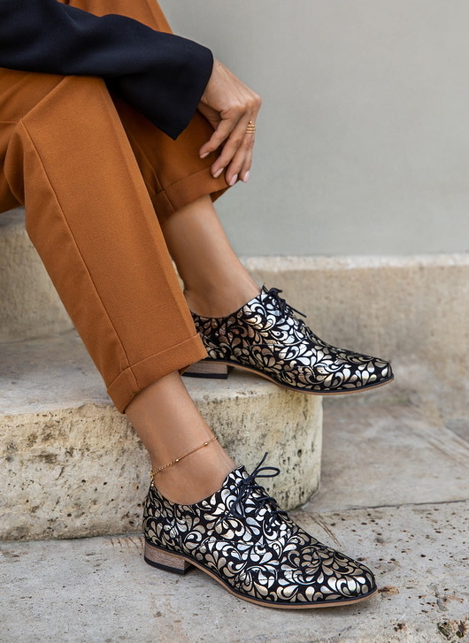 półbuty damskie Skórzane półbuty jazzówki Zapato model 246 złote kwiaty