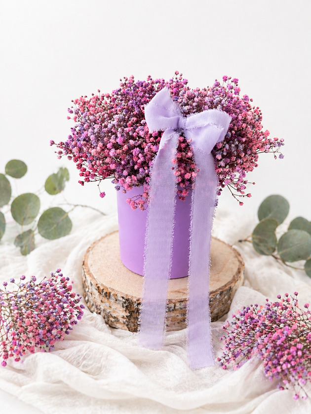 dodatki ślubne Flowerbox z gipsówki stabilizowanej fiolet