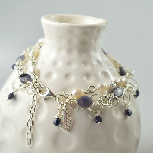 bransoletki srebrne Szafir z perłami w srebrze - bransoletka