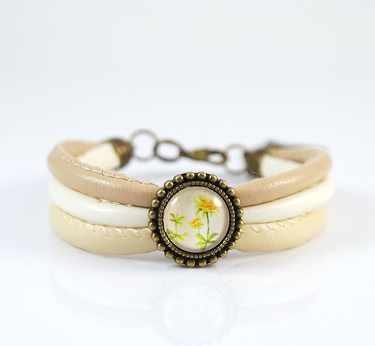 bransoletki ze szkła Bransoletka - Wiesiołek - rzemienie, beżowa