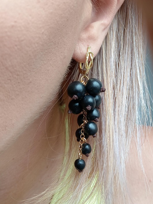 kolczyki z masy plastycznej Kolczyki Czarna Porzeczka handmade polimerowa glina - srebro lub złoto