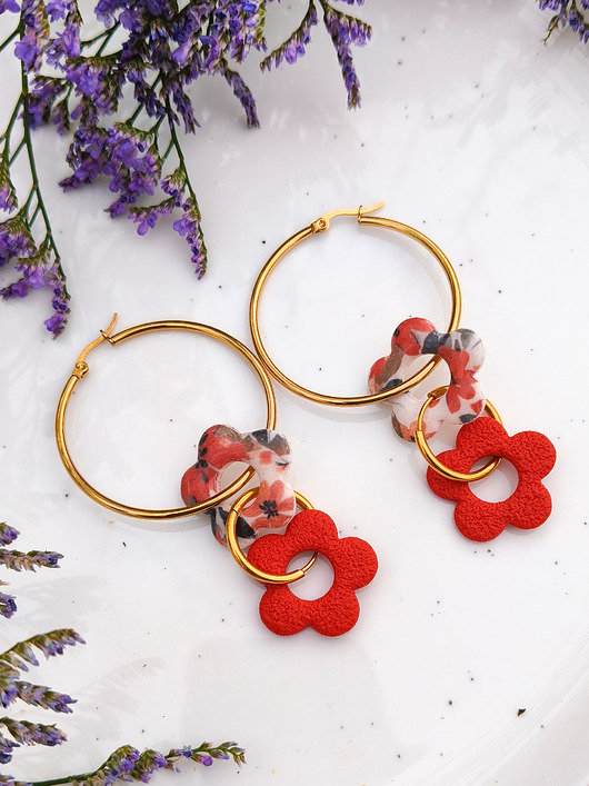 kolczyki z masy plastycznej Kolorowe kolczyki kwiaty, zestaw 8w1 biżuteria dla niej, mały prezent boho