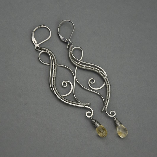 kolczyki wire wrapping Długie kolczyki krople cytryn wire wrapping