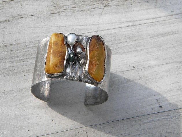 bransoletki wire wrapping Bursztyn w zaroślach -  bransoleta mankiet CUFF