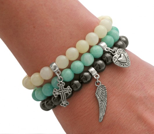 Steel hematite,mint & ecru jade with pendants. Lavoga
