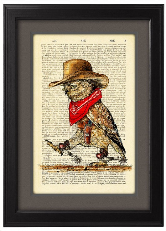 Plakat, grafika, ilustracja, sowa, cowboy nkcraftstudio
