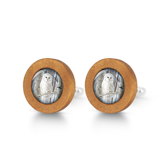 spinki do mankietów Biała sowa - drewniane spinki do mankietów