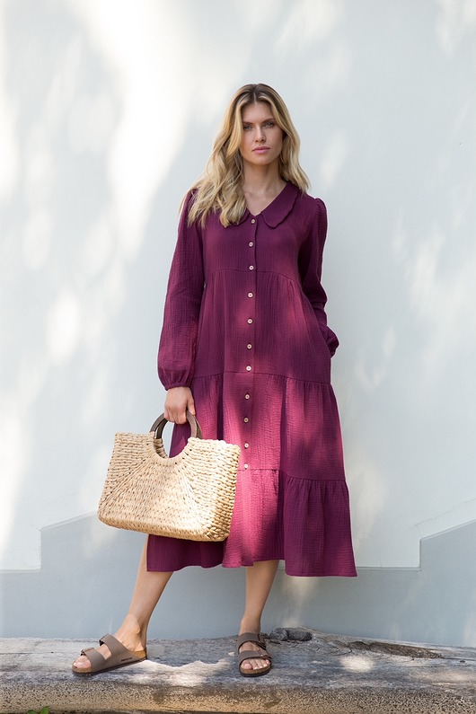 sukienki midi damskie Emma Burgundy- sukienka z muślinu