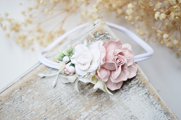 ozdoby do włosów dla dzieci wianek opaska na chrzest biel róż niemowlę