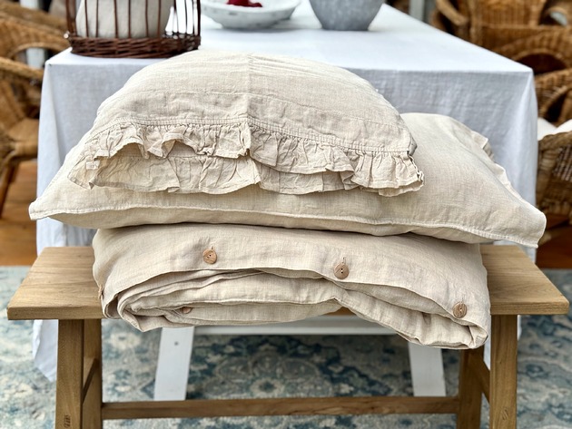 pościel Komplet poszewek z lnu tkanego z beżowej i białej przędzy