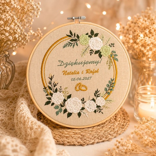 Ślub - inne Podziękowania ślubne, haft w tamborku 23 cm