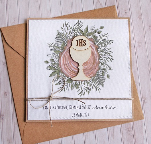 kartki na komunię Kartka, PERSONALIZACJA : I Komunia Święta : drewno : hostia