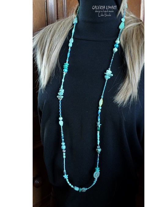 korale Długi naszyjnik Boho z turkusem i bali oryginalny prezent handmade