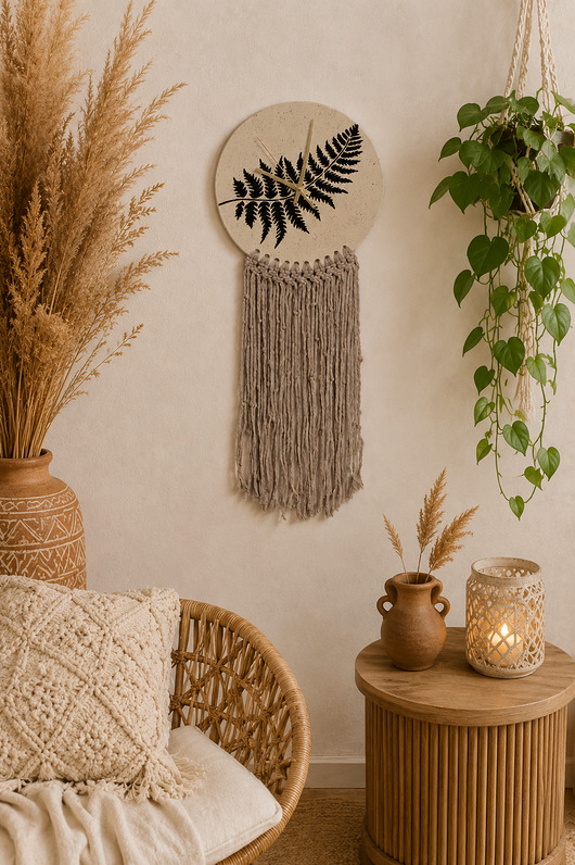 Ozdoby na ścianę Ceramiczny zegar ścienny z makramą handmade paproć
