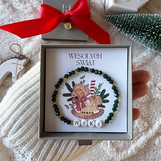 bransoletki na sznurku Zielona świąteczna bransoletka z imieniem