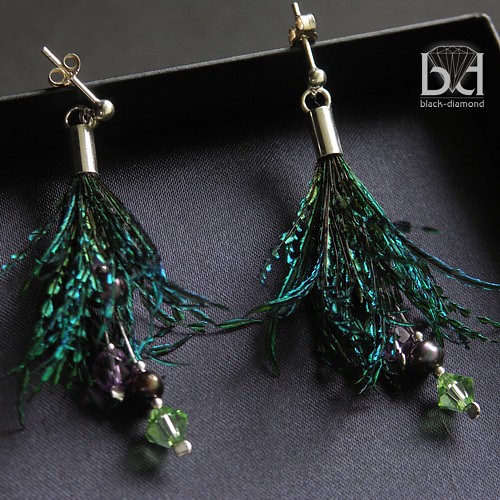 Pawie Pióra w srebrze - kryształ Swarovski, ametysty... Black Diamond