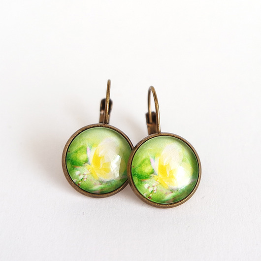 kolczyki szklane Kolczyki - Żółty motyl - antyczny brąz