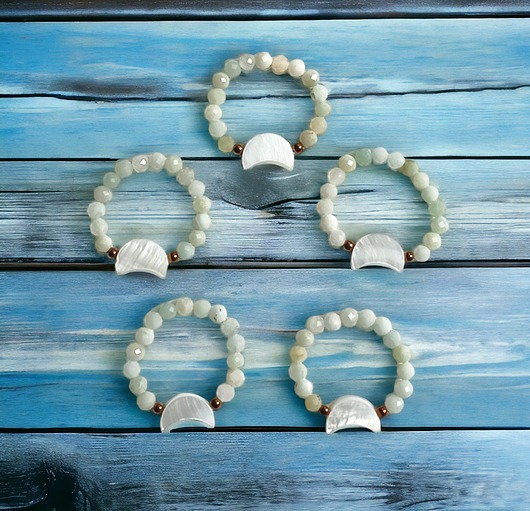 pierścionki elastyczne Pierścionek : lunula : amazonit, muszla naturalna