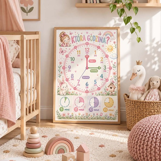obrazy i plakaty do pokoju dziecięcego Plakat edukacyjny CZAS ZEGAR dla dziewczynki