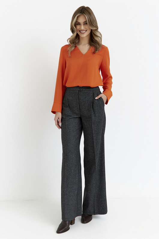 spodnie materiałowe damskie Spodnie z domieszką wełny z szerokimi nogawkami - szare(S-387)