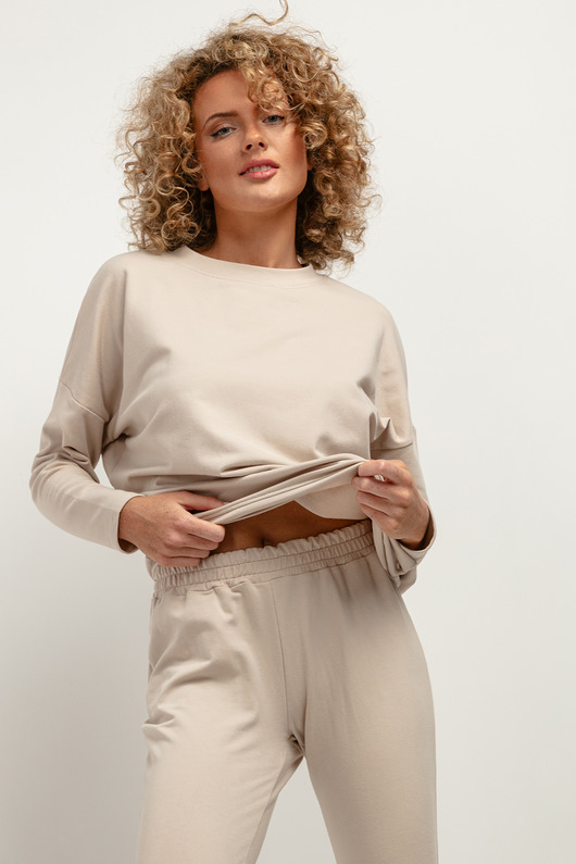 bluzki z długim rękawem damskie Prosta bluza ze stójką T381, jasnobeżowa