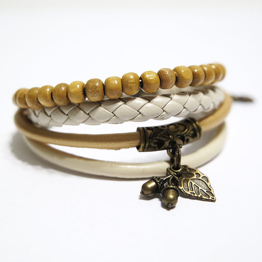 bransoletki drewniane Bransoletka - Dębowa, koraliki drewniane - rzemienie