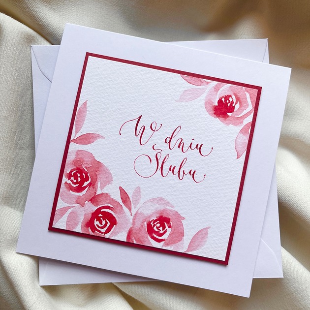 kartki scrapbooking Kartka ślubna ręcznie malowana i kaligrafowana z różami