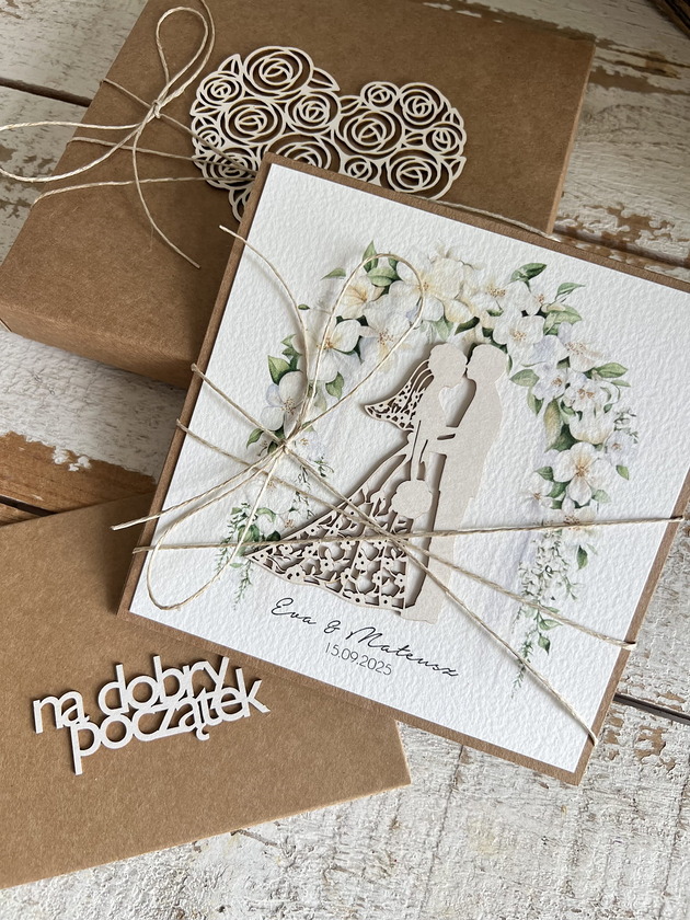 zaproszenia i kartki na ślub Wyjątkowa kartka ślubna, na ślub w pudełku ręcznie robiona