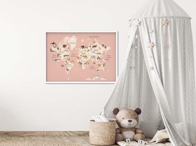 obrazy i plakaty do pokoju dziecięcego Plakat dziecięcy mapa świata kontynentów