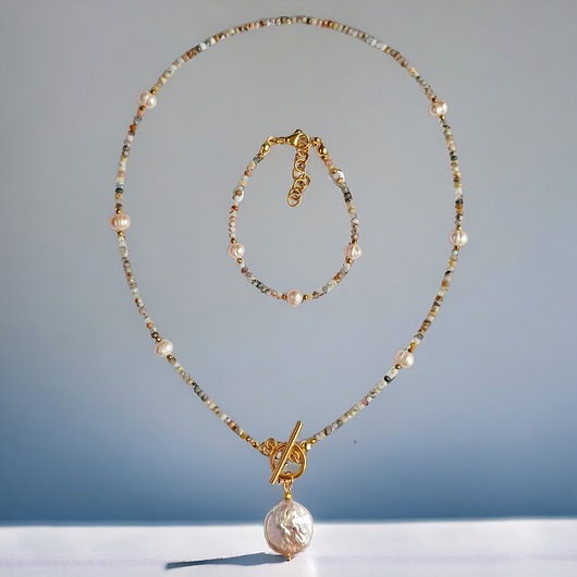 komplet biżuterii KOMPLET : naszyjnik i bransoletka OPAL peruwiański i PERŁY