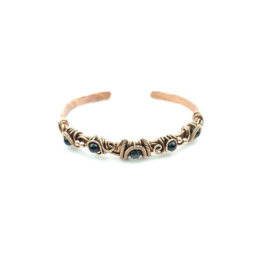 bransoletki wire wrapping Miedziana bransoleta cuff z turmalinem i onyksem