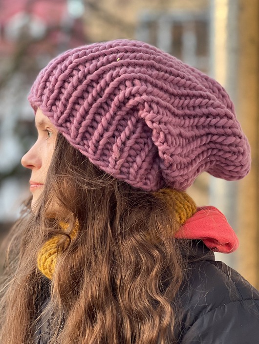 czapki damskie Gruba zimowa czapka z wełny peruwiańskiej liliowy