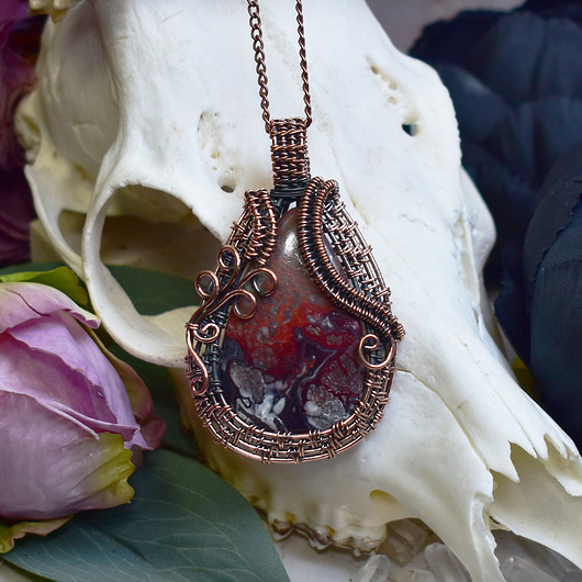 wisiory Miedziany wisiorek wire wrapping z agatem Crazy Lace