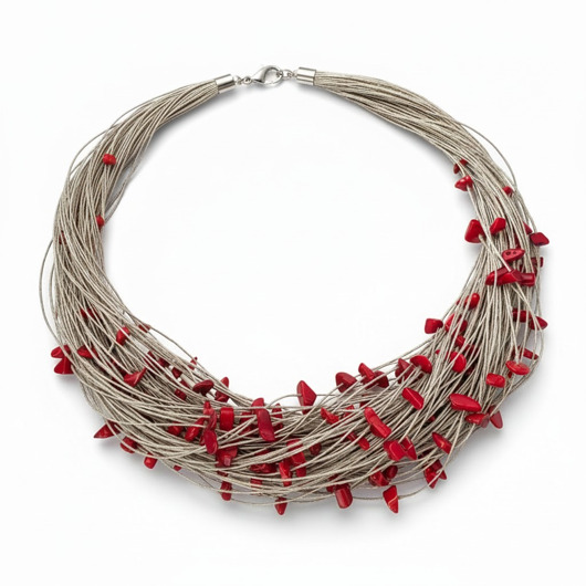 naszyjniki - inne Naszyjnik z lnu z czerwonym koralem