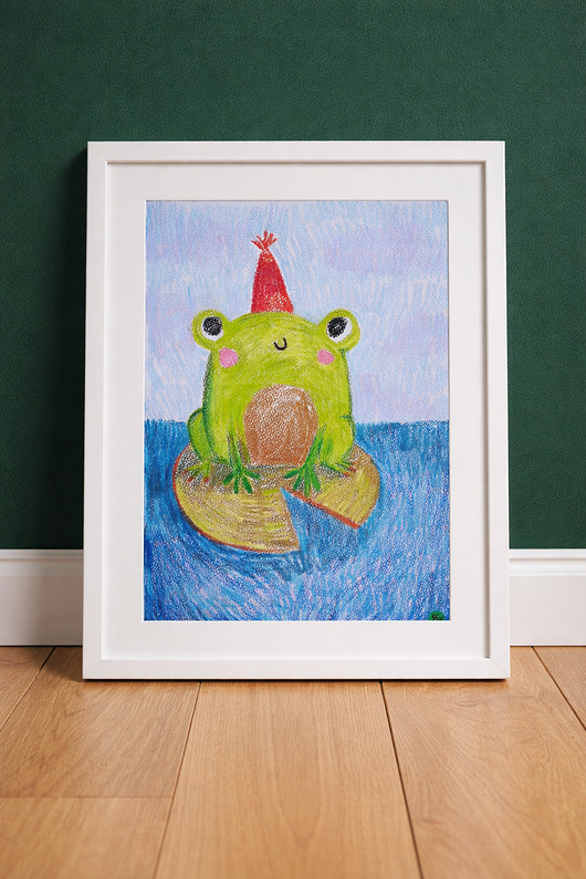 obrazy i plakaty do pokoju dziecięcego Rysunek pastele do pokoju dziecięcego Żabka urodzinowa