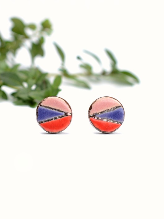 kolczyki ceramiczne Geometria fiolet róż czerwień - ceramiczne kolczyki sztyfty