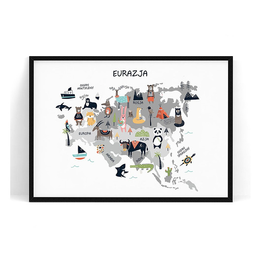 Plakat dziecięcy Eurazja/mapa zwierzęta trochę na ścianę