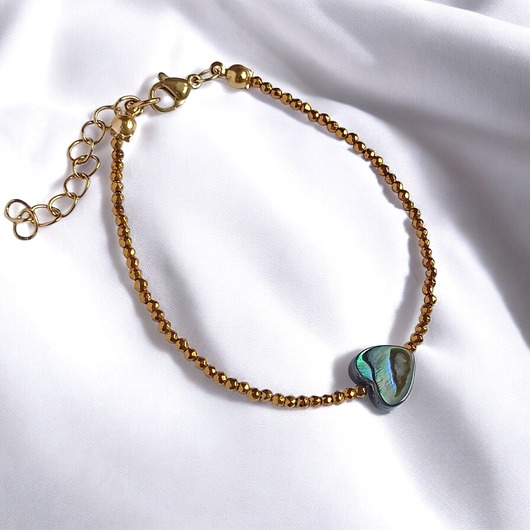 bransoletki z kamieni naturalnych Bransoletka z serduszkiem : muszla PAUA, hematyt złoty